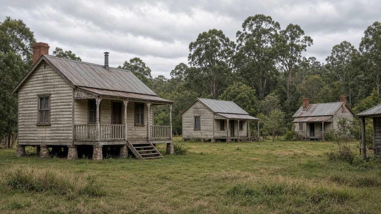 Timber heritage cottages under hinterland trees.