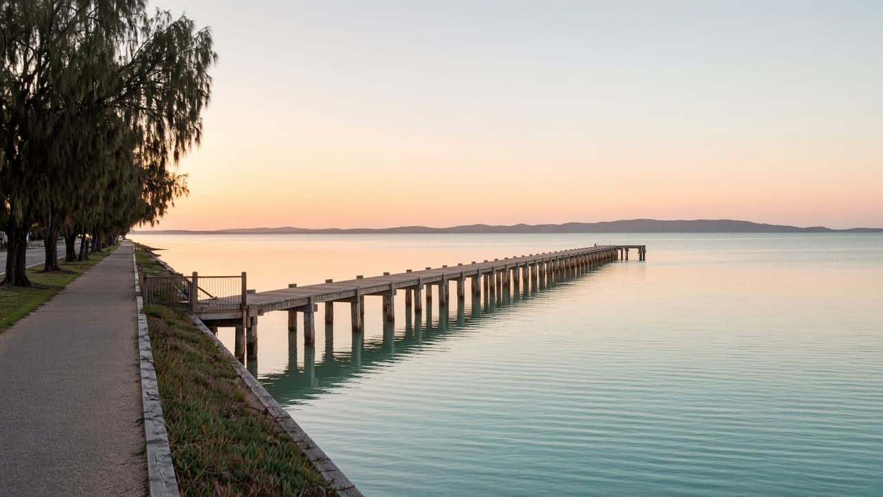 Hervey Bay timber jetty stretching into calm pale aqua water at sunrise.