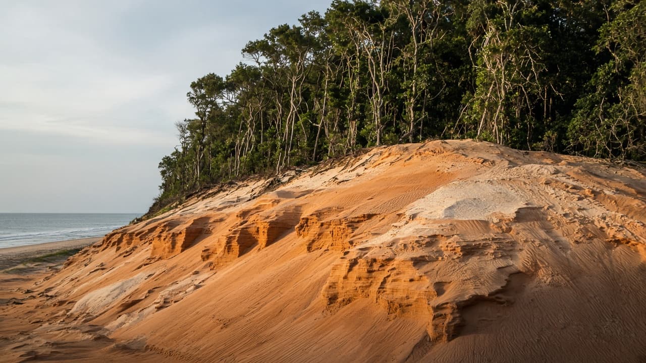 K’gari rust-orange sand dunes meeting rainforest under late afternoon light.